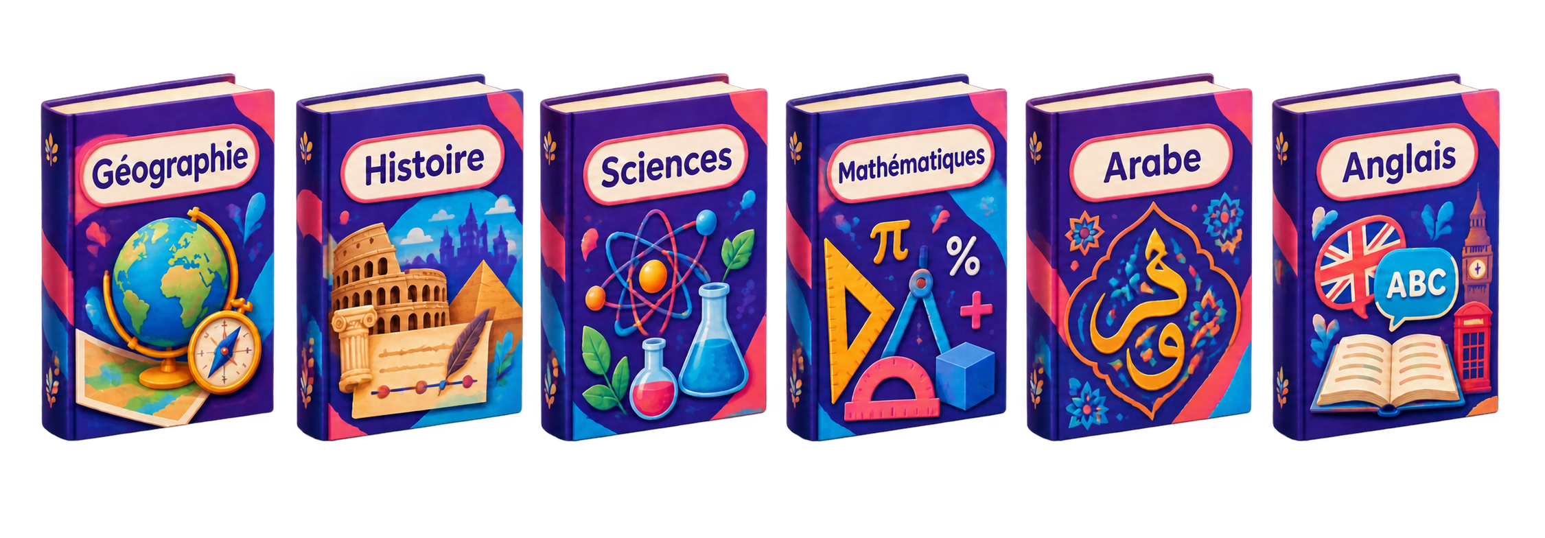 Géographie, Histoire, Sciences, Mathématiques, Arabe et Anglais