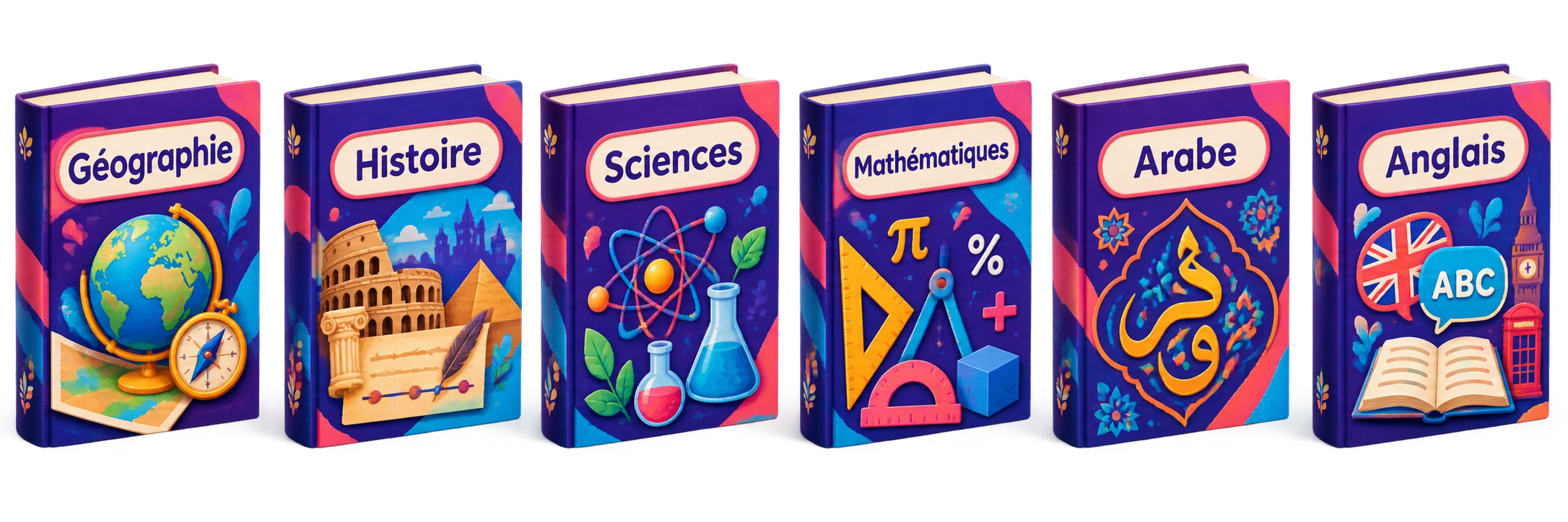 Six livres scolaires alignés : Géographie, Histoire, Sciences, Mathématiques, Arabe et Anglais